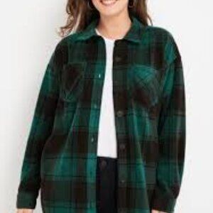 Maurices Wilder Green & Black Plaid Fleece Shacket Pockets Button Up Size XL